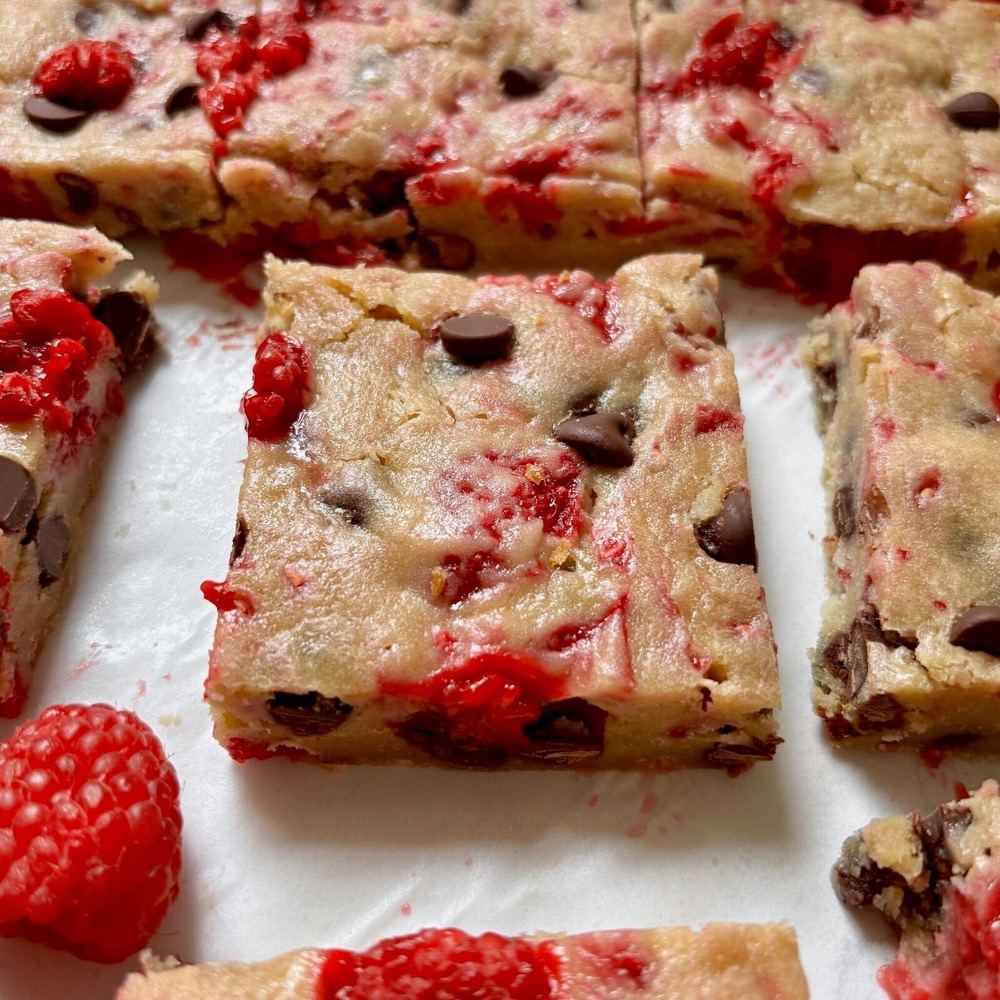 Fudgy Dark Chocolate Raspberry Blondies